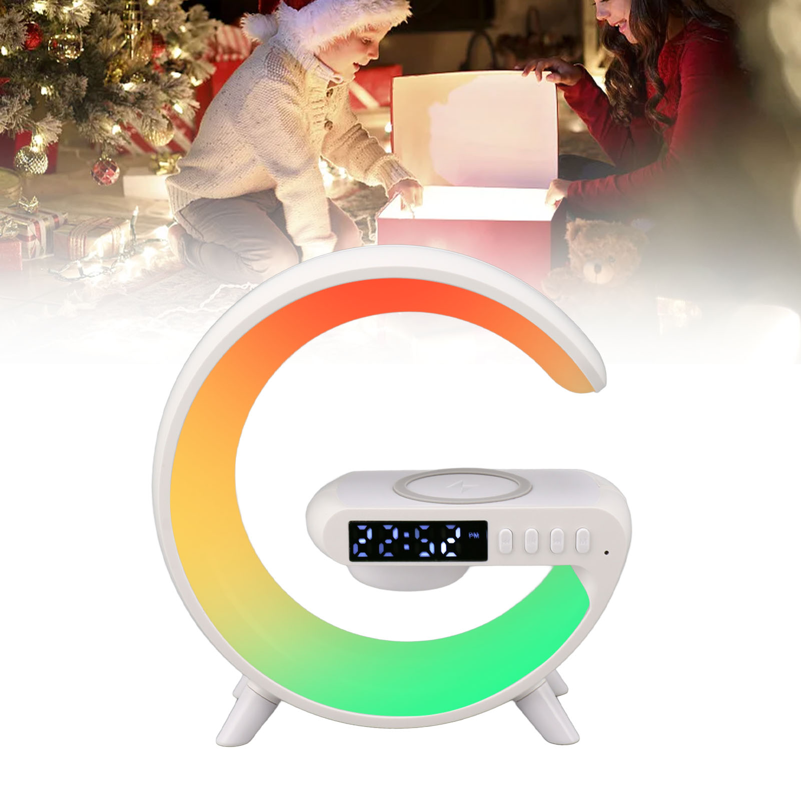 Intelligente Led-nachttischlampe Mit Kabelloser Ladefunktion, Integriertem Bluetooth-lautsprecher, Sonnenaufgangssimulation Als Wecklicht Und Tonaufnahme.