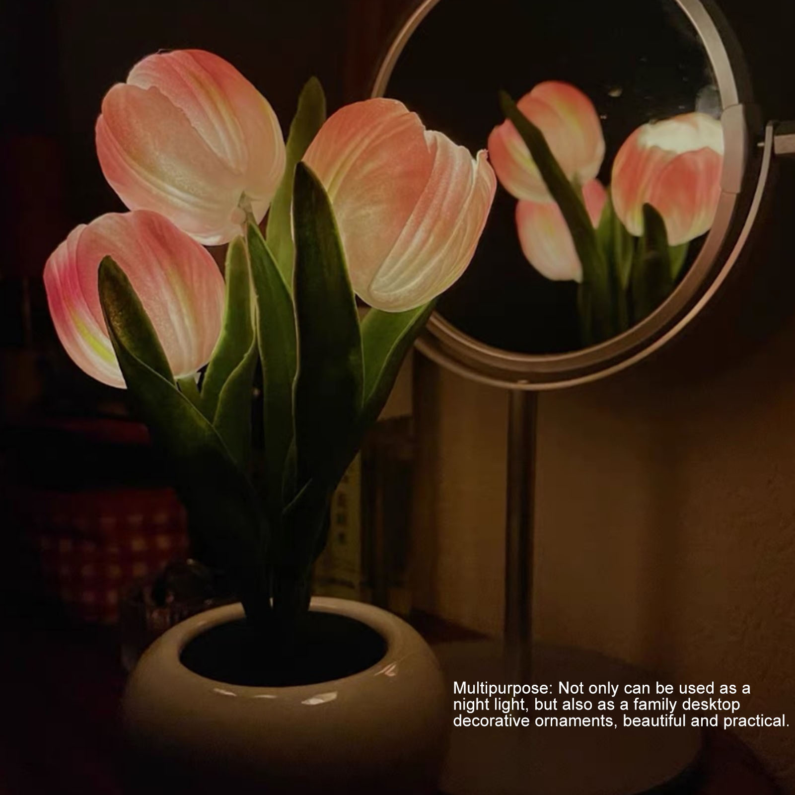 Led-nachtlicht Mit Drei Tulpen, Nachttischlampe Mit Künstlicher Topfpflanze, Ideales Geschenk Für Freunde, Fotogene Tischlampe, Keramikfuß
