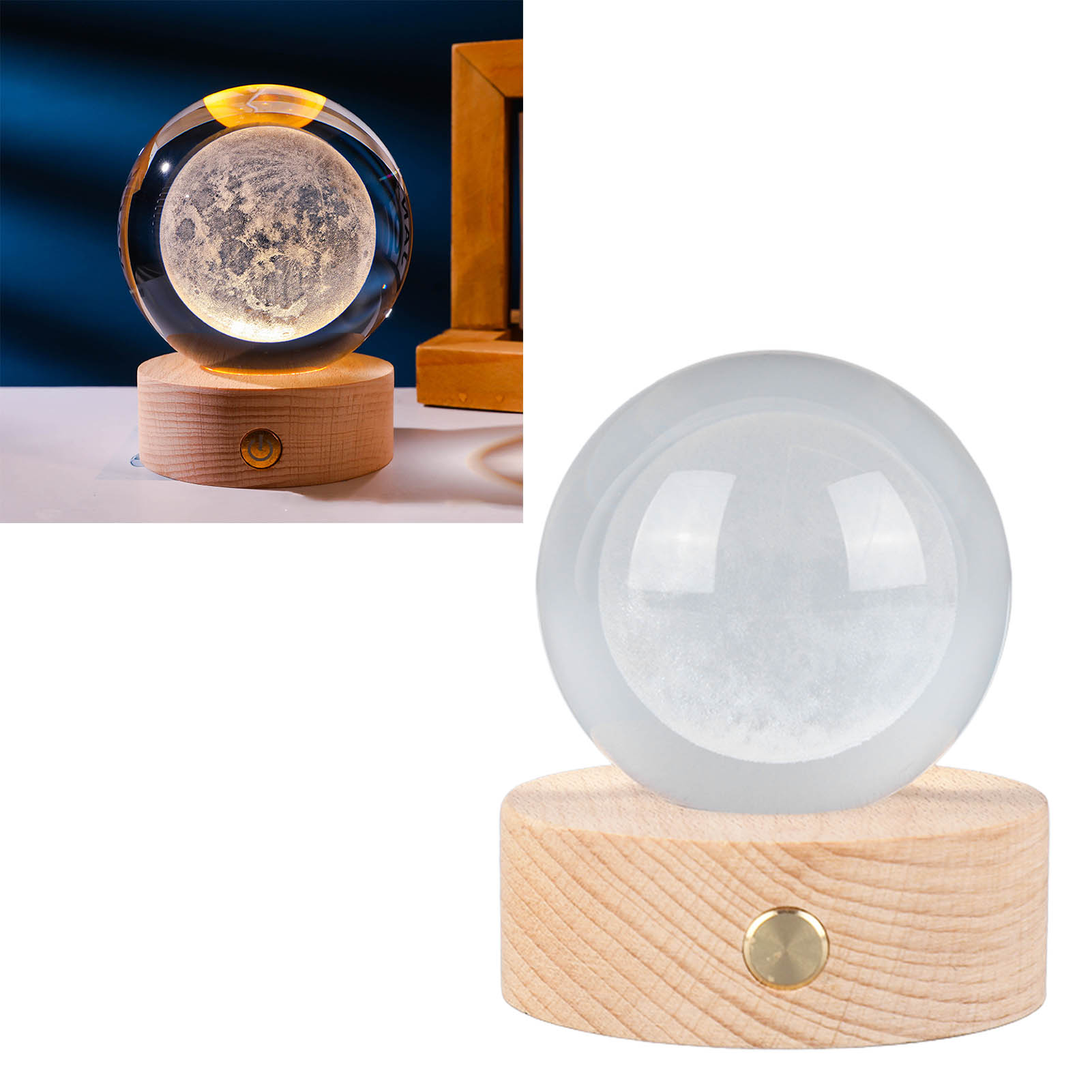 3d-nachtlicht Mit Leuchtender Kristallkugel, 6 Cm Großer, Mondförmiger Kristallkugel Und Wiederaufladbarer Touch-basis Mit Warmem Licht