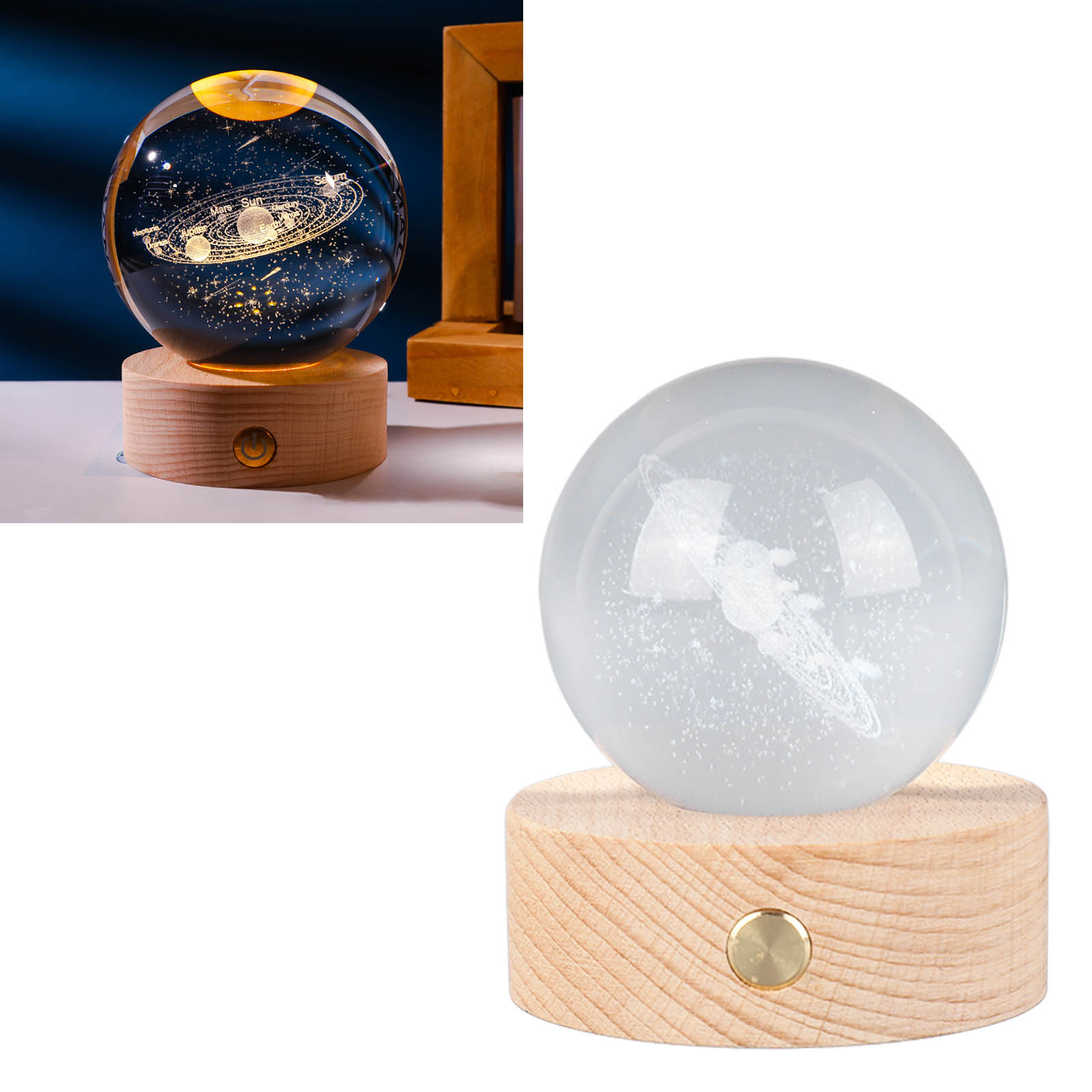 3d-leuchtkristallkugel-nachtlicht Mit Sonnensystem, 6 Cm Kristallkugel + Wiederaufladbare Touch-basis Mit Warmem Licht.