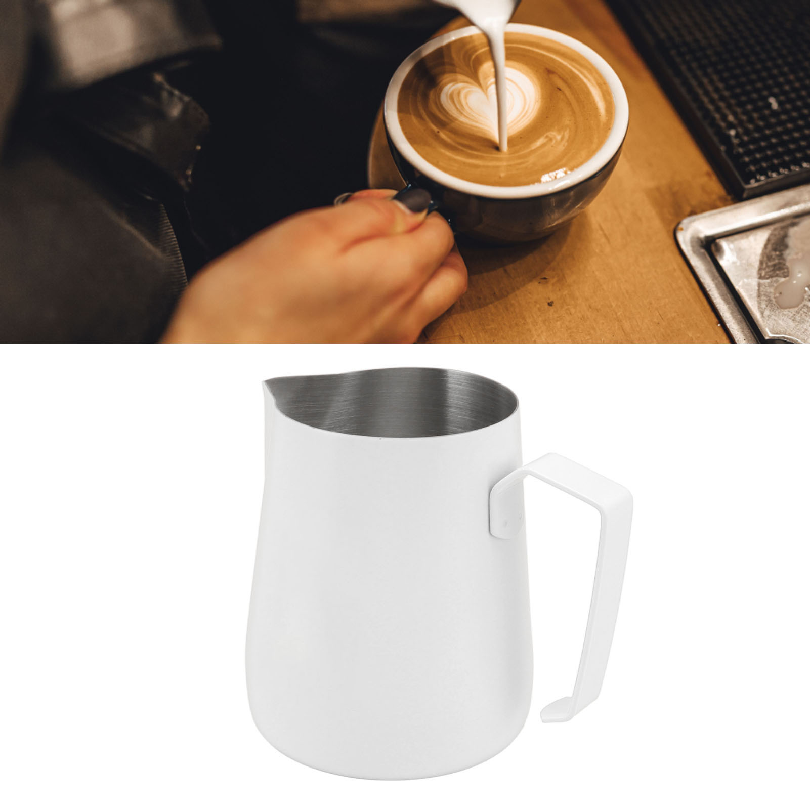 Latte-art-becher Mit Spitzem Ausguss, Ep 450 Ml, Aus Edelstahl, Weiß, Mit Milchaufschäumer.