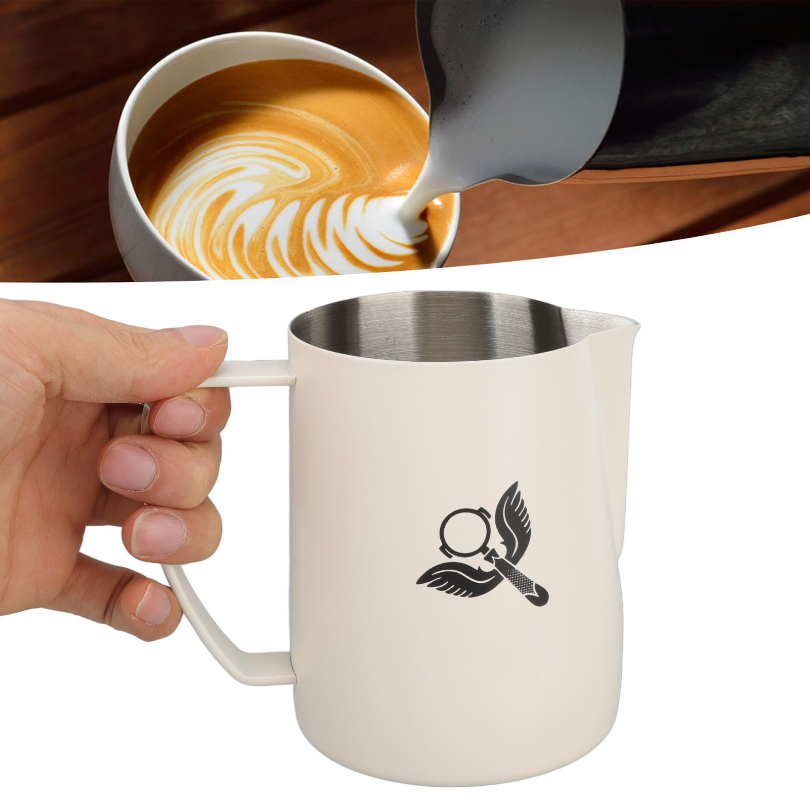 Weißer Latte-art-becher Aus Edelstahl 304 Mit Spitzem Ausguss