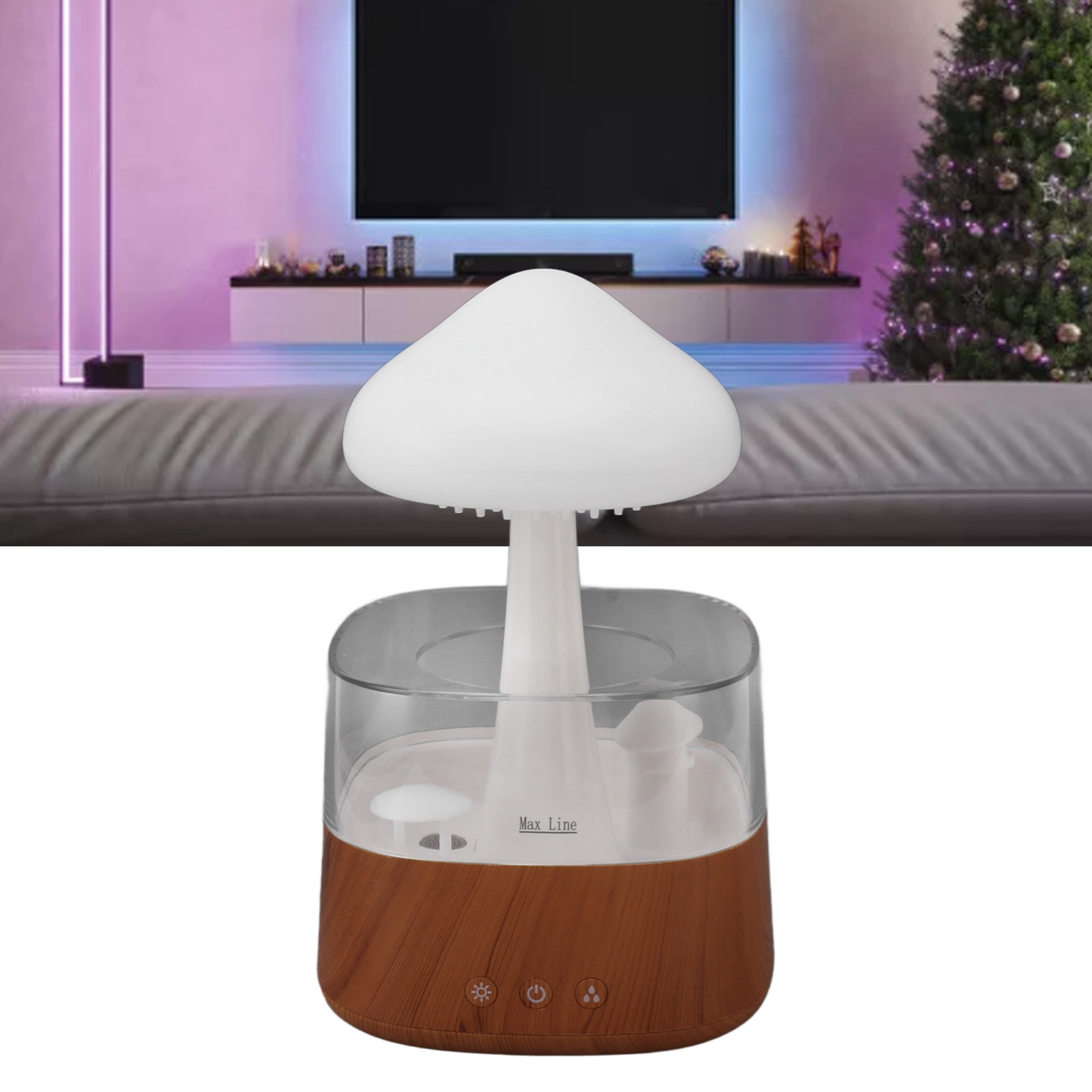 Tropfenförmiger Luftbefeuchter Mit Heller Holzmaserung, Farbenfroher Aromadiffusor Mit Pilz-regenwald-motiv, Stimmungsdiffusor Mit Regenwolken-landschaftsmotiv Für Zuhause