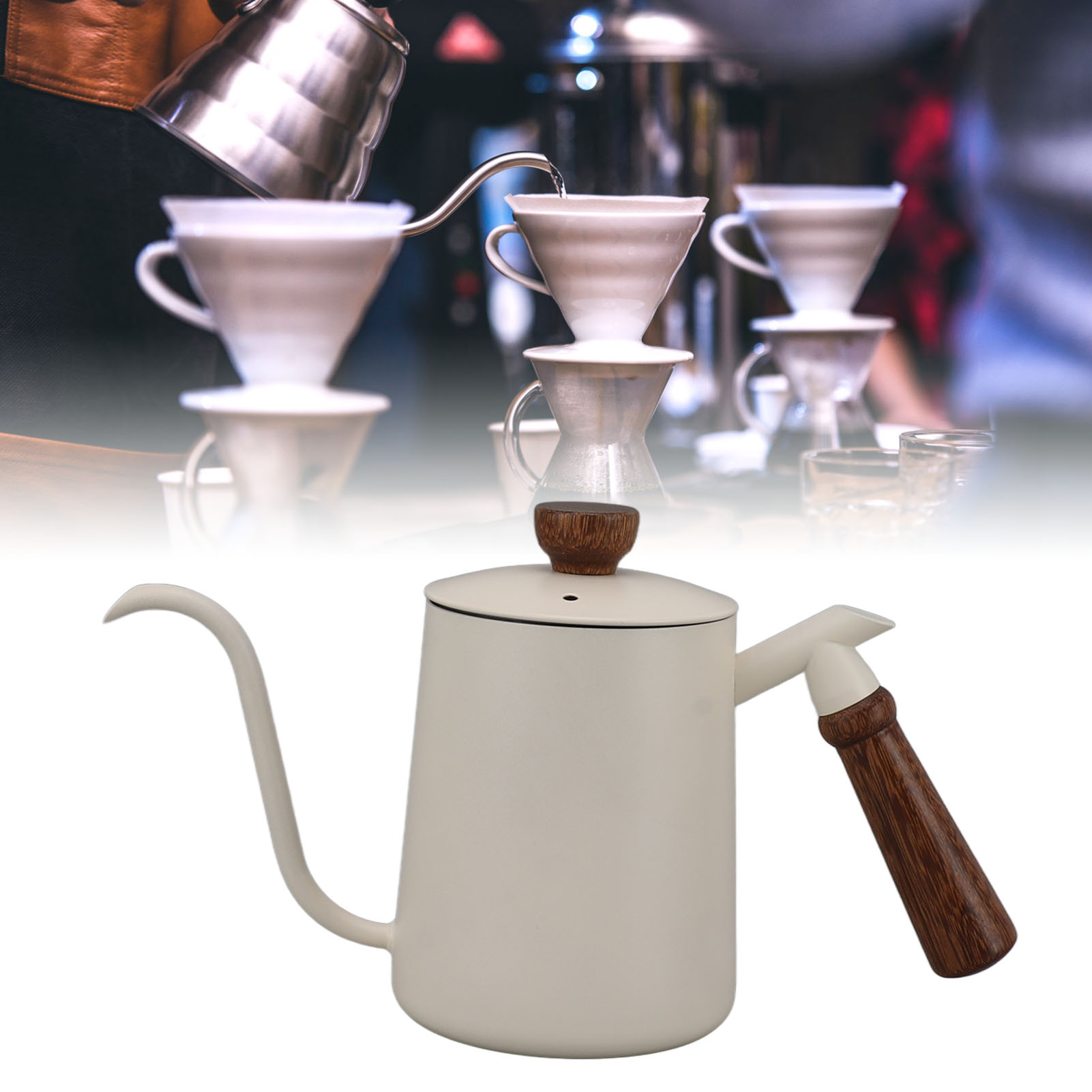 600-ml-filterkaffeemaschine Aus Edelstahl 304 Mit Holzgriff, Ohrschlaufen Und Feinem Ausguss, Weiß.