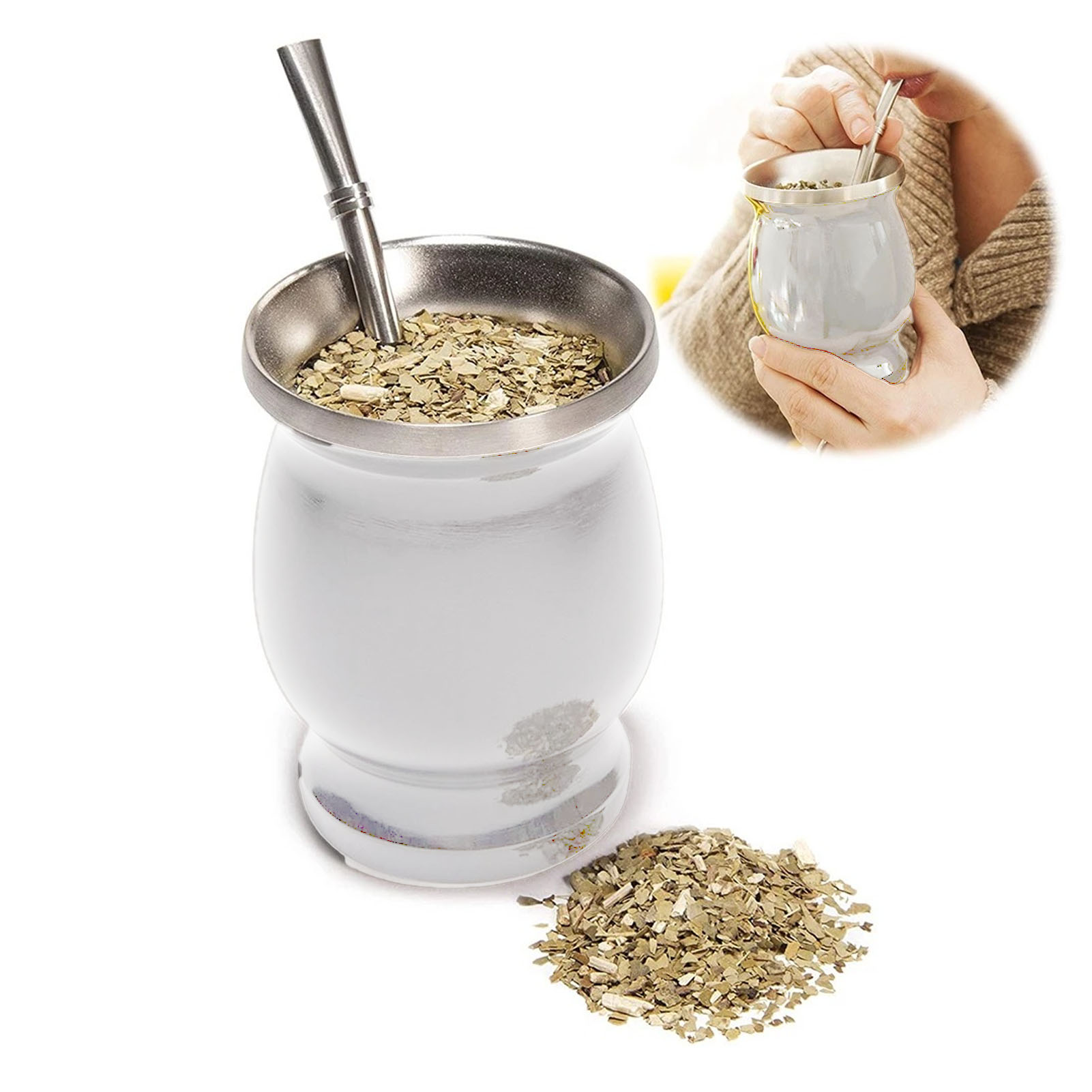 Mate-becher 230 Ml (8 Oz), In Form Einer Kalebasse, Weißer Isolierbecher (mit Löffel, Strohhalm Und Reinigungsbürste).