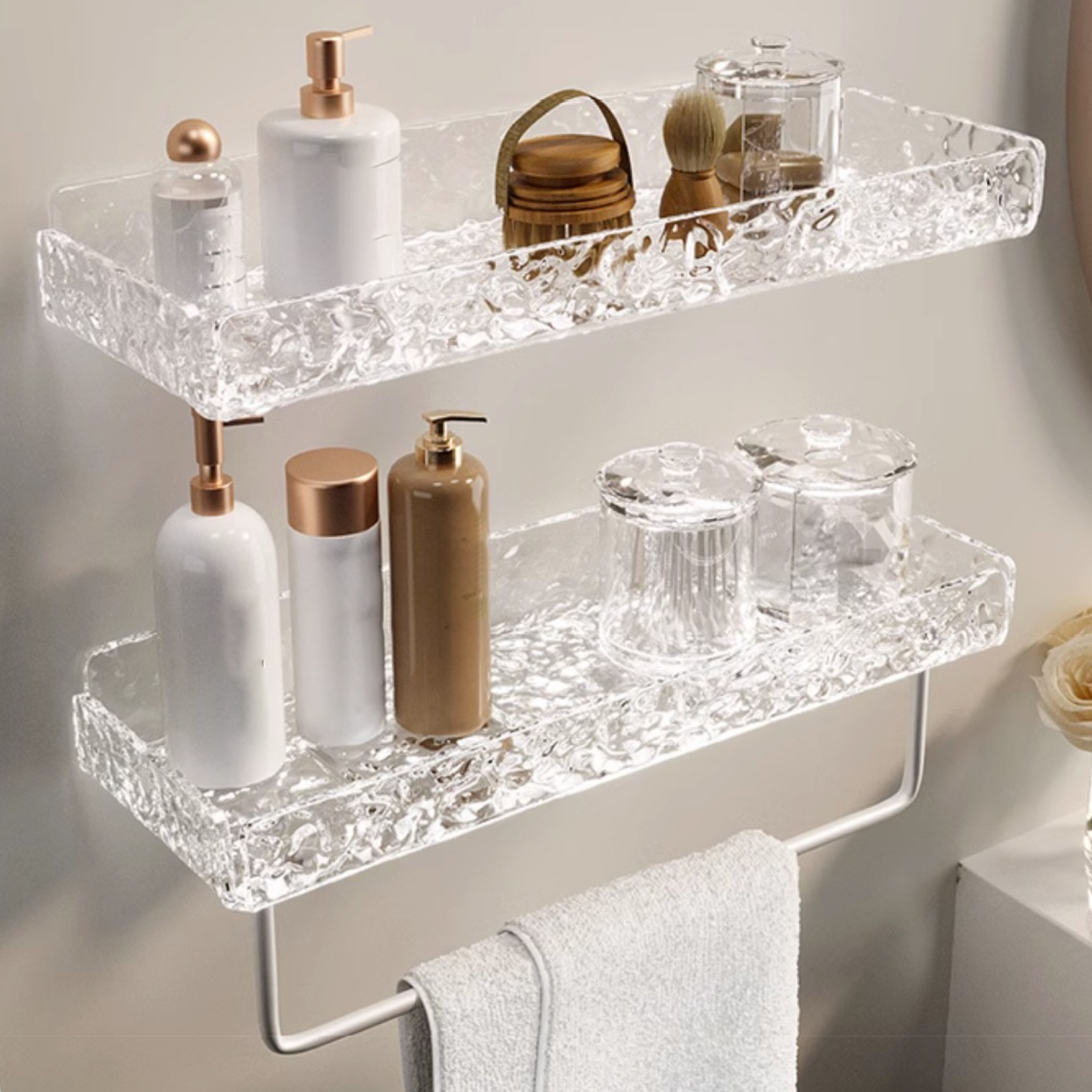 Luxuriöses Acryl-badezimmerregal Mit Spiegel, Wandmontiert, Bohrfreier Handtuchhalter, Transparente Steinoptik – Weiß Mit Hängeschiene
