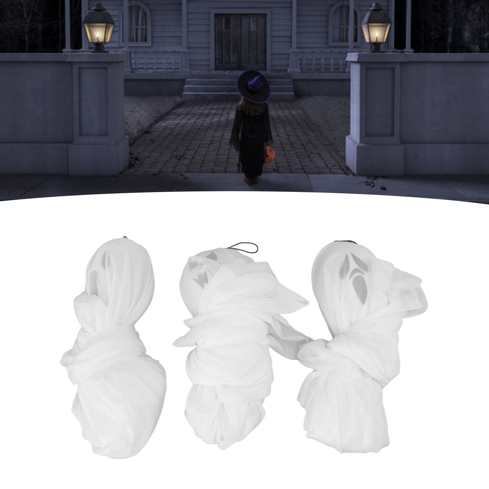 Set Mit 3 Halloween-gruselhaus-dekorationen: Leuchtend Weiße Geister Zum Aufhängen An Der Tür, Bühnenaccessoires.