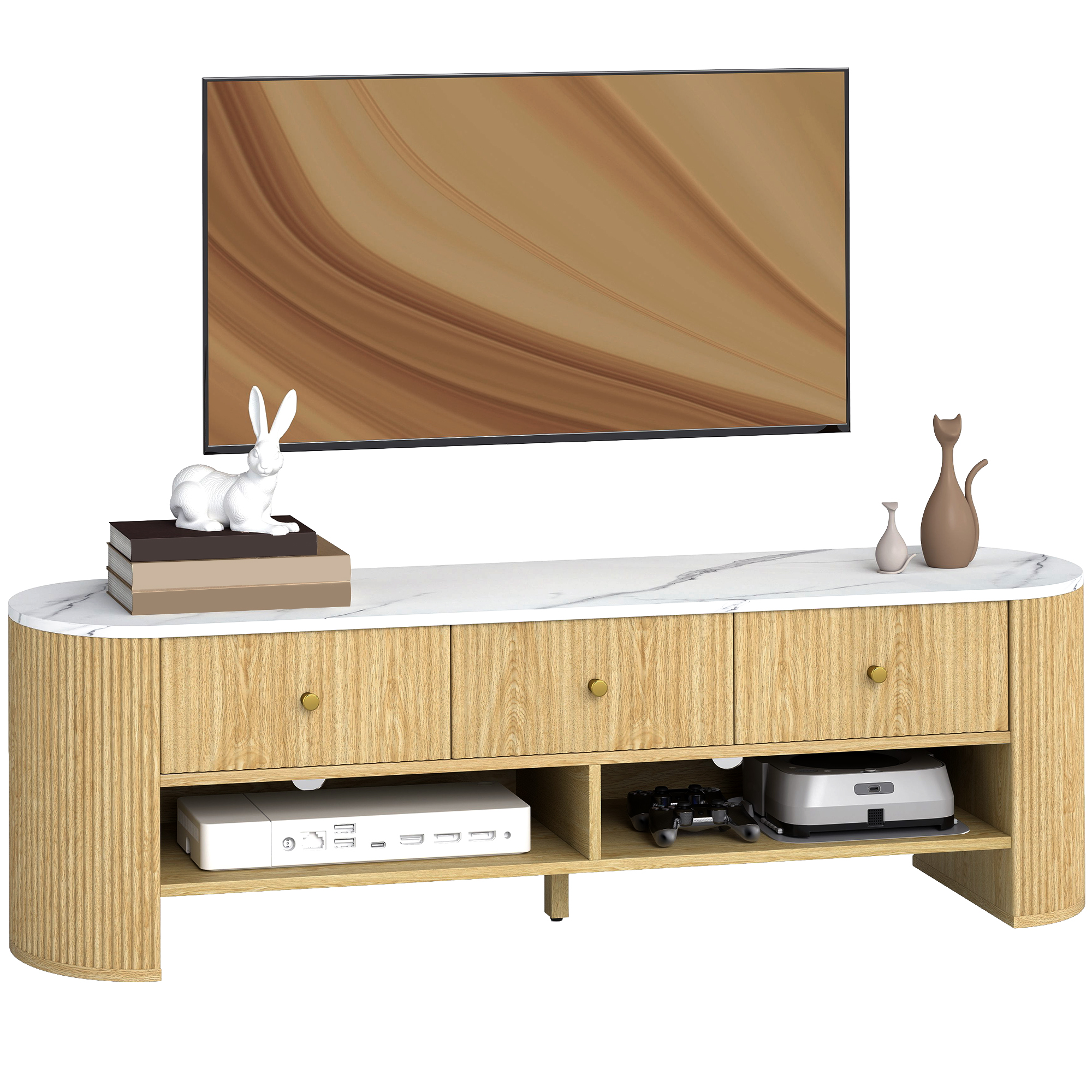 Tv-möbel Aus Mdf Mit 3 Schubladen Für Das Wohnzimmer, Naturholz, 140 Cm