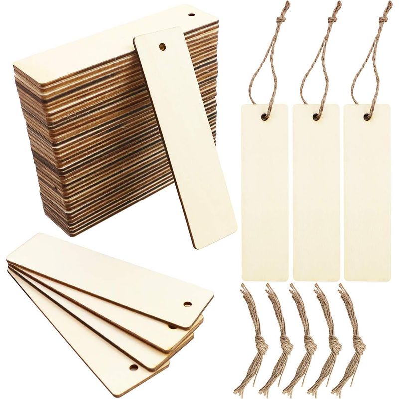50 Leere Geschenkanhänger Aus Holz – Rechteckige Holzanhänger Zum Selbermachen Mit Schnur – Leere Lesezeichen Aus Holz – 12 X 3,3 Cm