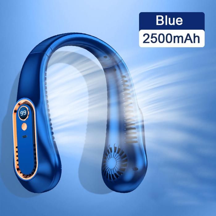 Klingenloser Nackenventilator Mit Digitalanzeige, Usb-aufladbarer Elektrischer Ventilator – Blau