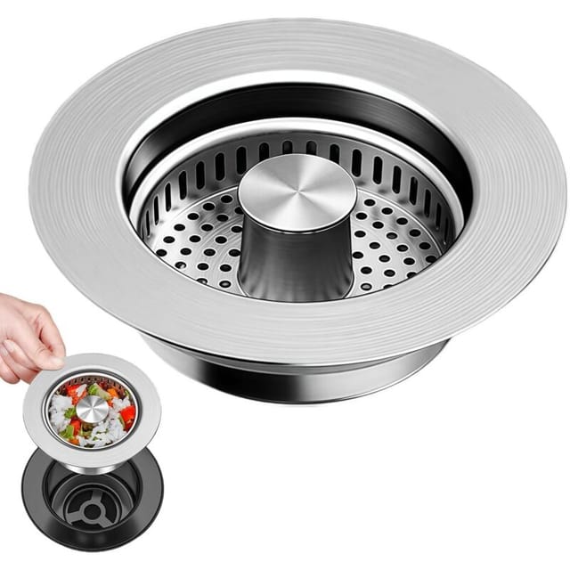 3-in-1 Küchenspülen-Ablaufstopfen mit Edelstahl-Sieb – Pop-Up-Stopfen für Spülbecken mit einer Breite von 75–87 mm und einer Tiefe von über 37 mm –