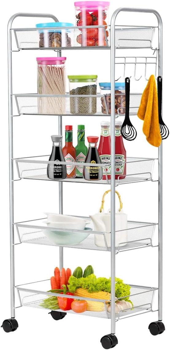 Costway Chariot De Service À Roulettes, Chariot De Cuisine Avec Panier De Rangement En Maille Métallique À 5 Niveaux, Roues Verrouillables Convient Pour Salle De Bain, Cuisine, Bureau (gris)