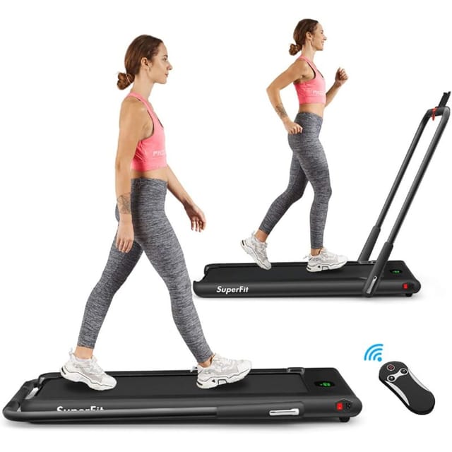 2 In 1 Elektrisches Laufband Mit Fernbedienung Bluetooth App-kontrolliert Led Display Handyhalterung 1-12km/h Klappbar Bis 120kg Belastbar Inkl. Sicherheitsschluessel Schwarz - Costway