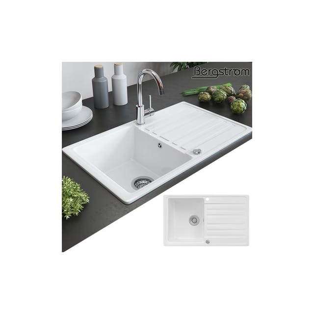 Bergstroem - Spülbecken Valencia, Weiß, 76.5 x 46 cm mit Trockenplatz, Bergström