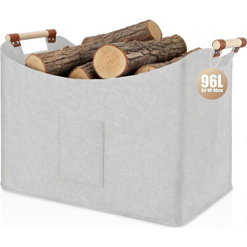 Filzkorb Aus Holz, Brennholztasche Aus Extra Dickem Filz Mit Verstärktem Griff, Faltbare Filztasche Für Einkäufe, Brennholz, Zeitungen – Hellgrau, 60 X 40 X 40 Cm (96 L), 1 Stück