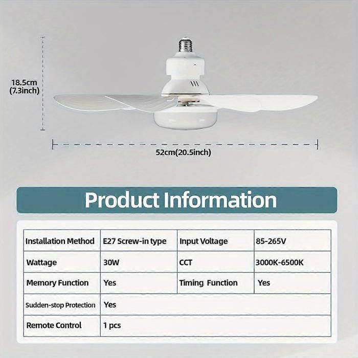 Deckenventilator Mit Fassung, Schraubfassung, Beleuchtung Und Fernbedienung, Einfach Zu Installierende E26/e27-glühbirne, Sockel
