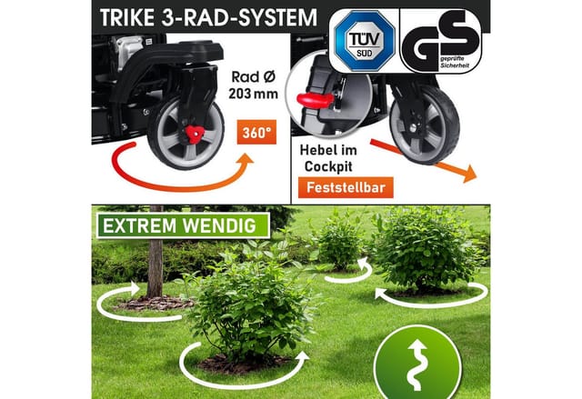 Rasenmäher Benzin Trike 5,2kW(7PS) mit Antrieb Elektrostart 53cm Schnittbreite 224ccm Stahlgehäuse 60L Fangkorb 4-Takt Motor tüv - Brast
