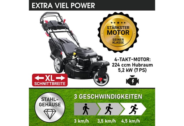 Brast - Rasenmäher Benzin Trike 5,2kW(7PS) mit variablen Antrieb Elektrostart 53cm Schnittbreite 224ccm Stahlgehäuse 60L Fangkorb 4-Takt Motor tüv