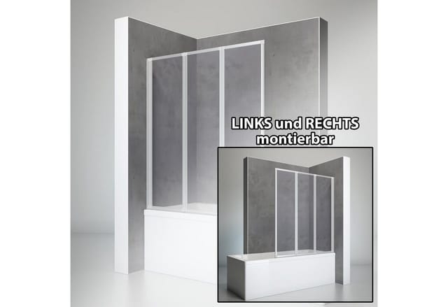 Badewannenfaltwand 3-teilig faltbar - Breite: 127 cm, Höhe: 140 cm, Glas: Kunstglas Tropfen Dekor, Profil: Alu Natur - Schulte