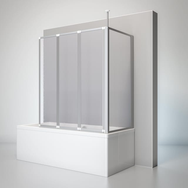 Duschwand Mit Seitenwand, 3-teilig Faltbar - Breite: 129 Cm, Höhe: 140 Cm, Glas: Kunstglas Tropfen Dekor, Profil: Alu Natur, Geeignet Für Wannentiefe: 72-75 Cm - Schulte