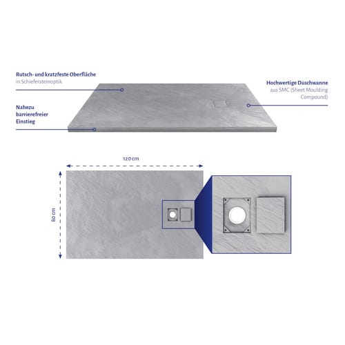 Duschtasse Marwell Stone SMC, Duschwanne grau, rechteckig, 80 x 120 x 3,5 cm