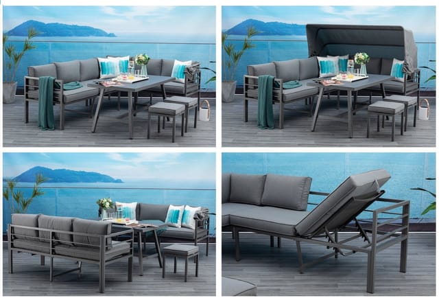 Mandalika Garden Dining-Ecklounge 'Sheffield' 3in1, inkl. flexibel montierbares Sonnendach, grau / anthrazit