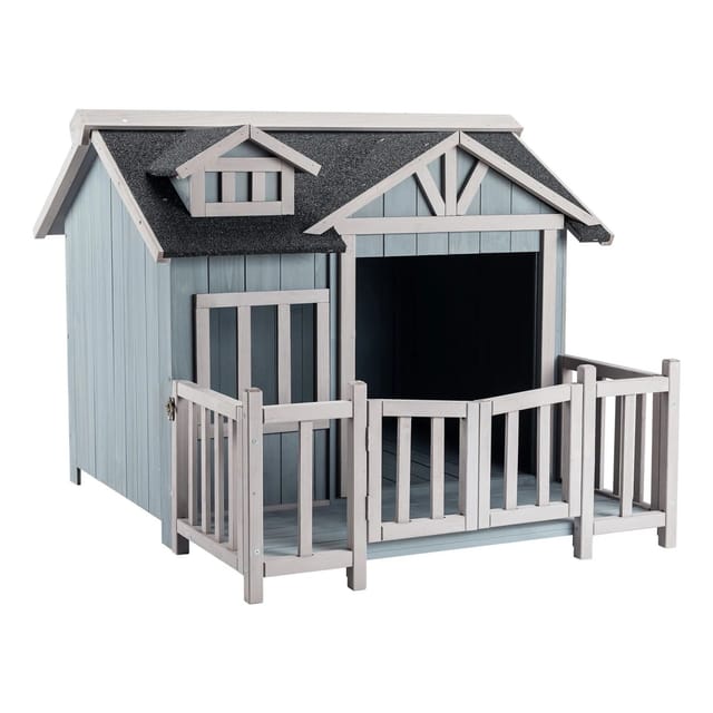 Wiltec Luxus xl Hundehütte 93,5 x 77,5 x 70 cm, grau weiß, Hundehaus aus Holz mit Veranda, Hundehöhle Outdoor für Balkon Garten Terrasse