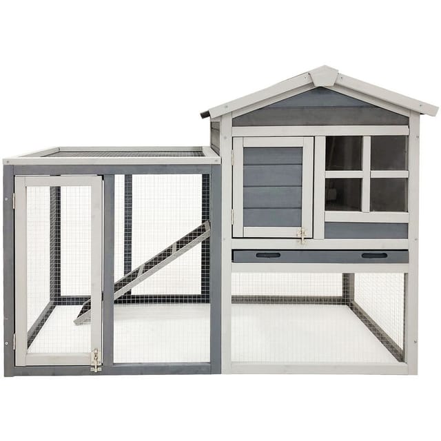 Wiltec Hasenstall grau-weiß 1220 x 630 x 920 mm mit Freilaufgehege und erhöhtem Unterschlupf aus Holz, Kaninchenkäfig mit 2 Etagen, Kleintierstall