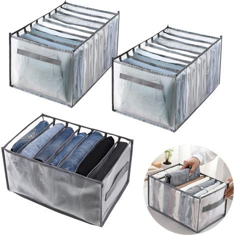 3-teiliger Kleiderschrank-organizer, Jeans-aufbewahrungsbox, Aufbewahrungsbox Mit Schubladeneinteilung Aus Netzgewebe, Hemden-aufbewahrungsbox (7, 9, 9 Fächer, Grau)