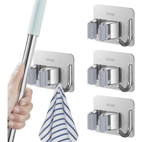 Wandmontierter Besenhalter, 4-teilig, Edelstahl, Für Besenschrank, Keine Bohrung Erforderlich, Für Badezimmer, Küche, Garten, Garage, Abstellraum (silber)
