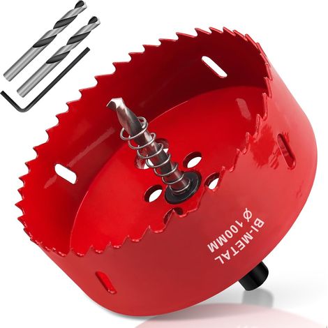 100-mm-lochsäge, Hss M42 Bimetall-holzlochsäge, Lochsäge Mit Adapter Und Zentrierbohrer, Ideal Für Holz, Gipskarton, Trockenbauwände Und Kunststoff, 1 Stück, Rot