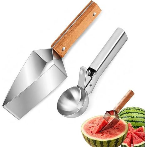 2-teiliges Wassermelonen-besteckset: 1 Dreieckiger Ausstecher Aus Edelstahl + 1 Melonenlöffel – Obstbesteck Zum Kochen, Campen Und Picknicken