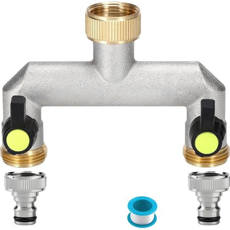 Zweiwege-wasserhahn (3/4") Zum Anschluss Von Zwei Geräten, Doppel-wasserverteiler, Schlauchverteiler Mit 1/2"-adapter Und Ptfe-band Zur Regulierung Und Absperrung Des Wasserdurchflusses