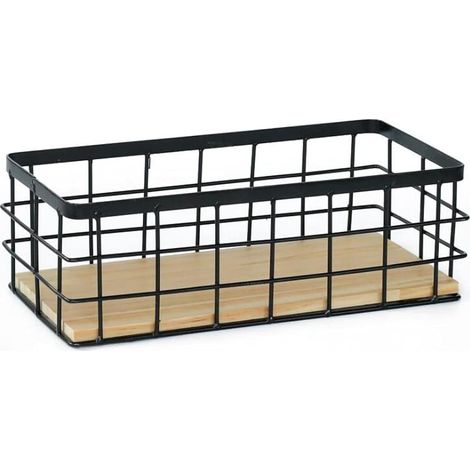 Aufbewahrungskorb Aus Eisen (mit Holzablage Unten), Kosmetikkorb, Badezimmer, Büro, Wandregal – Schwarz