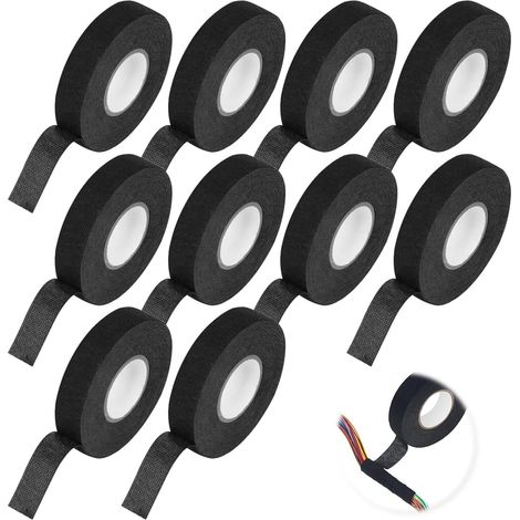 10 Stück Schwarzes Textilklebeband 19 Mm X 15 M, Schwarzes Kabelklebeband, Isolierendes Textilklebeband Für Autos, Hitzebeständig, Alterungsbeständig, Für Haushalt, Auto, Motorrad Und Kabelbäume