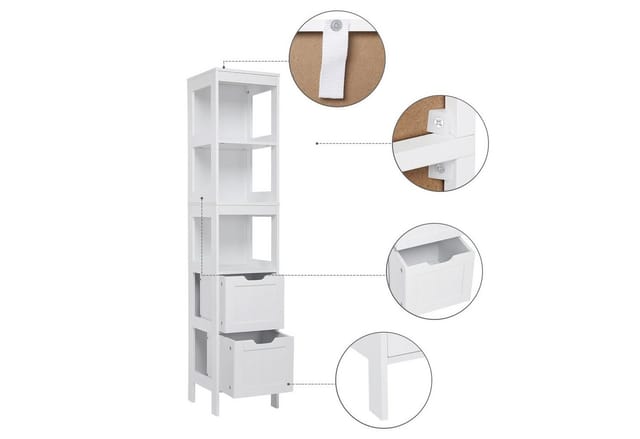 Meerveil Badkommode, Badschrank Hochschrank, Badezimmerschrank Schmal mit 2 Schubladen und 3 offenen Regalfür Badezimmer Küche Wohnzimmer,Weiß