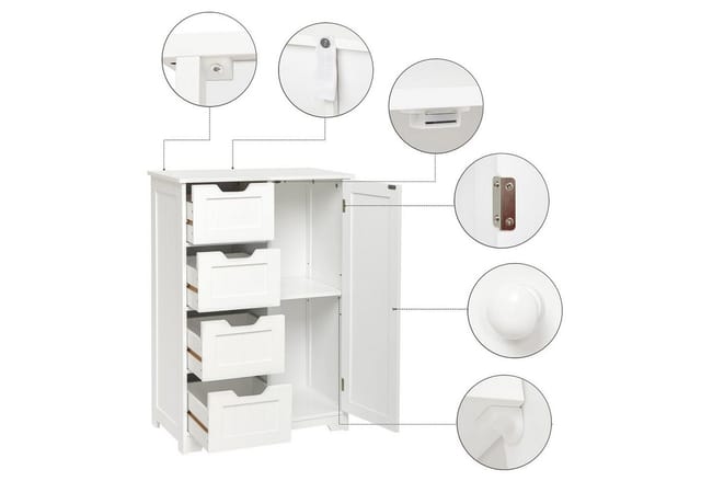 Badezimmerschrank, Sideboard mit 4 Schubladen und 1 Tür, Badezimmer Kommode mit verstellbare Regal, moderner Stil für Bad Wohnzimmer, Schlafzimmer,