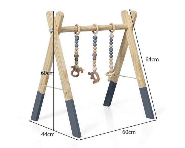 Costway - Baby Gym Babyspielgeraet Spieltrapez Spielbogen Holzspielzeug Aktivitaetszentrum Mit 3 Kinderspielzeugen Zur Gehirnentwicklung & Sensorische Stimulation, Fuer Babys Ueber 3 Monate Grau