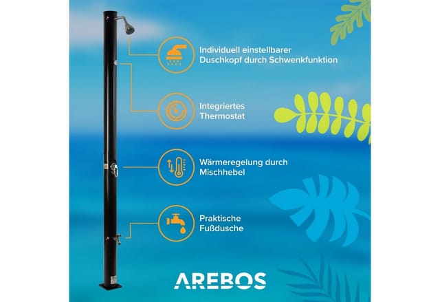 Arebos - Solardusche in Schwarz 20 Liter Tank 221 cm Höhe mit integriertem Thermometer rundem Duschkopf Fußdusche und Gartenschlauch Anschluss Snap