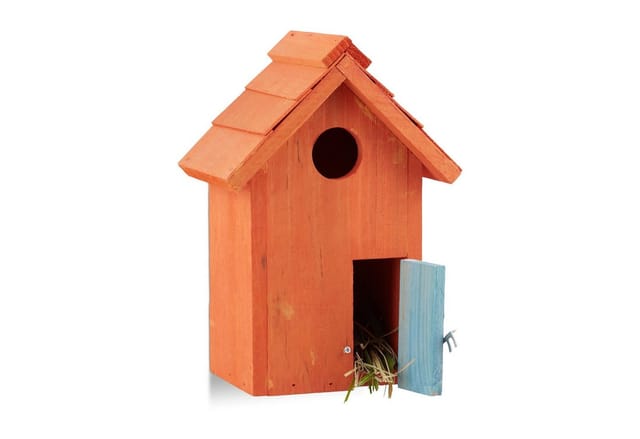 Nistkasten, Vogelhäuschen, Holz, Tür, aufhängen, kleines Flugloch, Singvögel, hbt: 24,3 x 17 x 12 cm, orange - Relaxdays