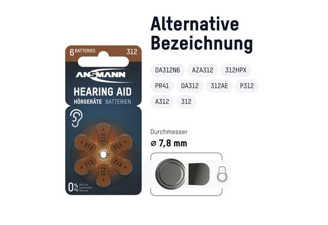 Hörgerätebatterien Typ 312 P312 ZL3 PR41, 60 Stück - Ansmann