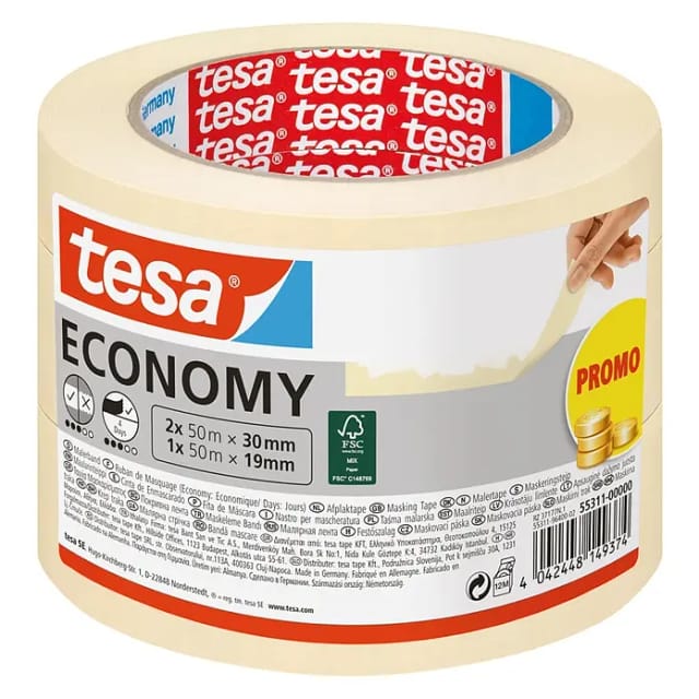 Tesa - Malerband economy - Vielseitiges Klebeband für Malerarbeiten ohne Lösungsmittel - Bis zu 4 Tage nach Gebrauch rückstandslos entfernbar - 2 x