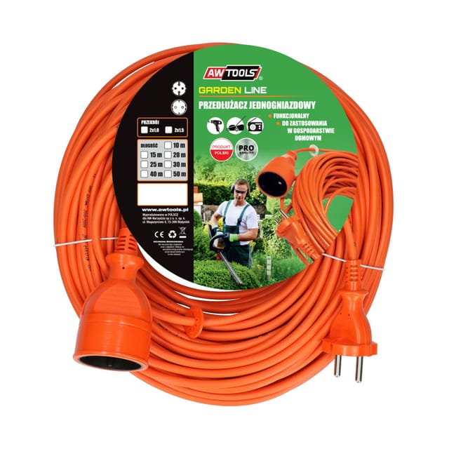 Awtools przedłużacz ogrodowy jednogniazdowy 25m bez uziemienia / 2x1,0mm / 10a / 230v / 2500w