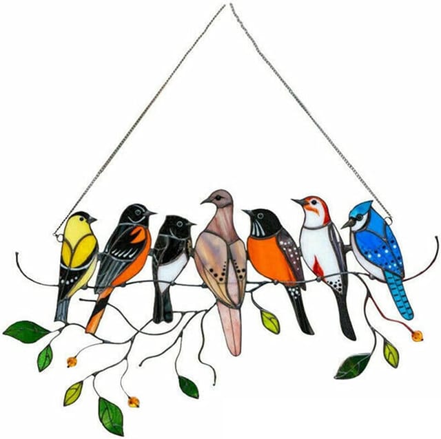 Mehrfarbige Vögel Auf Einem Draht, Hoher Sonnenfänger Aus Buntglas, Fensterbehang, 7 Vögel, Penif-ornamente Für Fenster, Türen, Garten, Zuhause, Frühlingsdekorationen