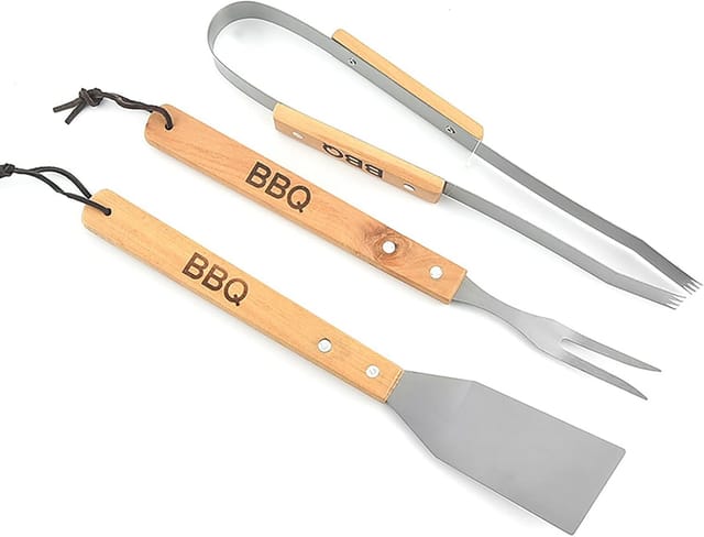Grillbesteck aus Edelstahl mit Holzgriff, Pfannenwender, Zange, Gabel, Grillzubehör