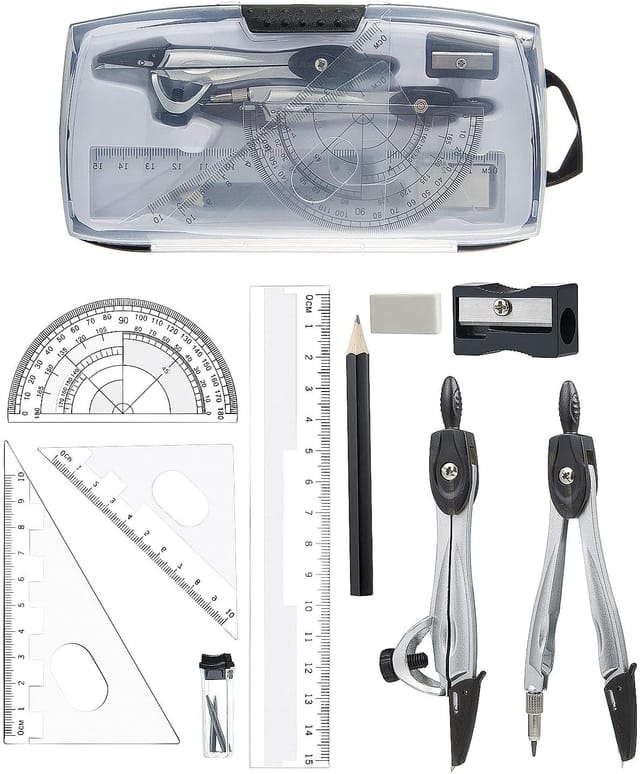 Aougo - 10-teiliges Geometrie-Set – Lineal, Winkelmesser, Kompass, Bleistift, Nachfüllungen, Bleistift, Radiergummi für Studenten des technischen