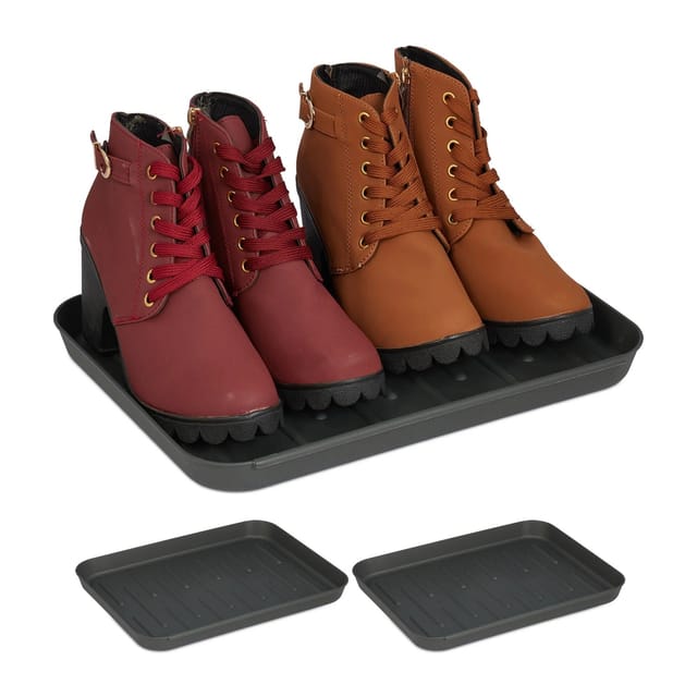 Relaxdays Schuhabtropfschale, 3er Set, Unterlage für nasse Schuhe, HBT: 3 x 35 x 27 cm, Schuhablage Kunststoff, grau