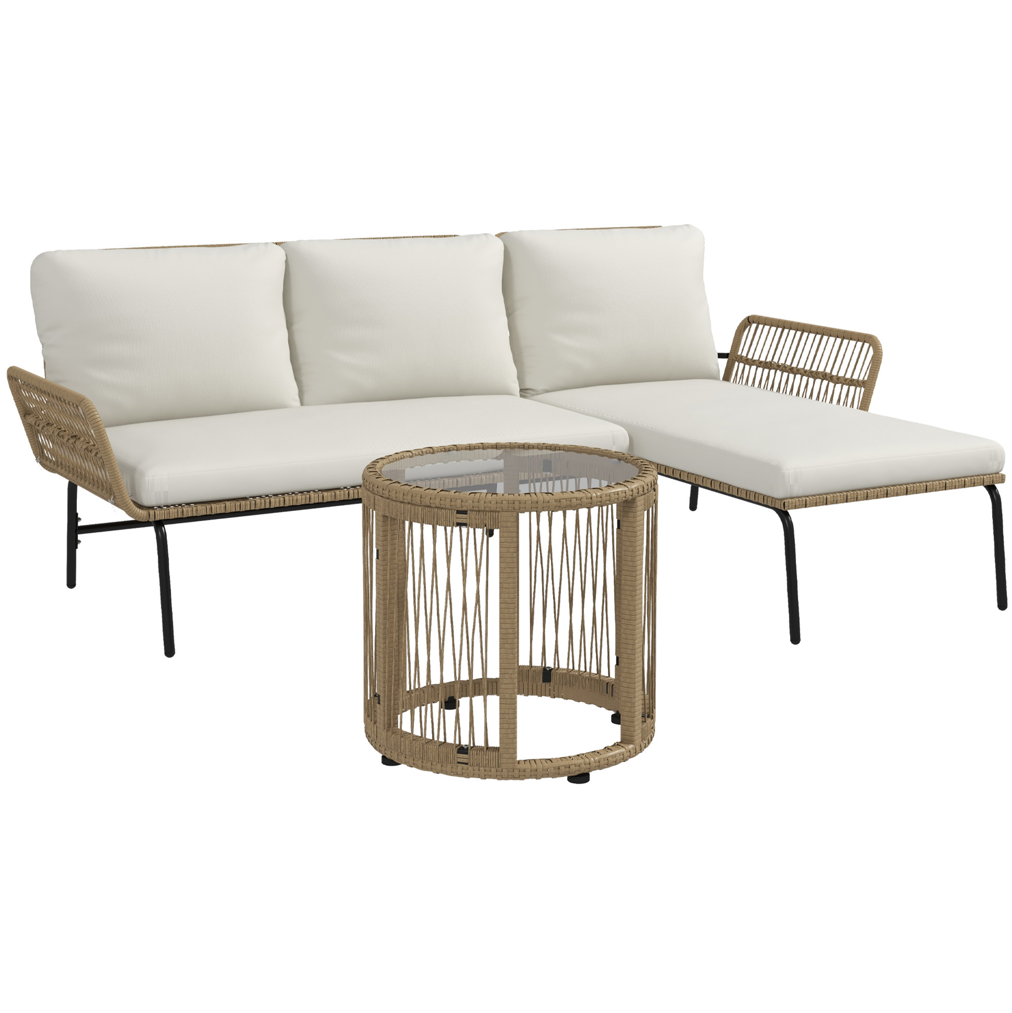 Cremefarbenes Rattan-gartenmöbelset Mit Liege, 2-sitzer-sofa Und Beistelltisch