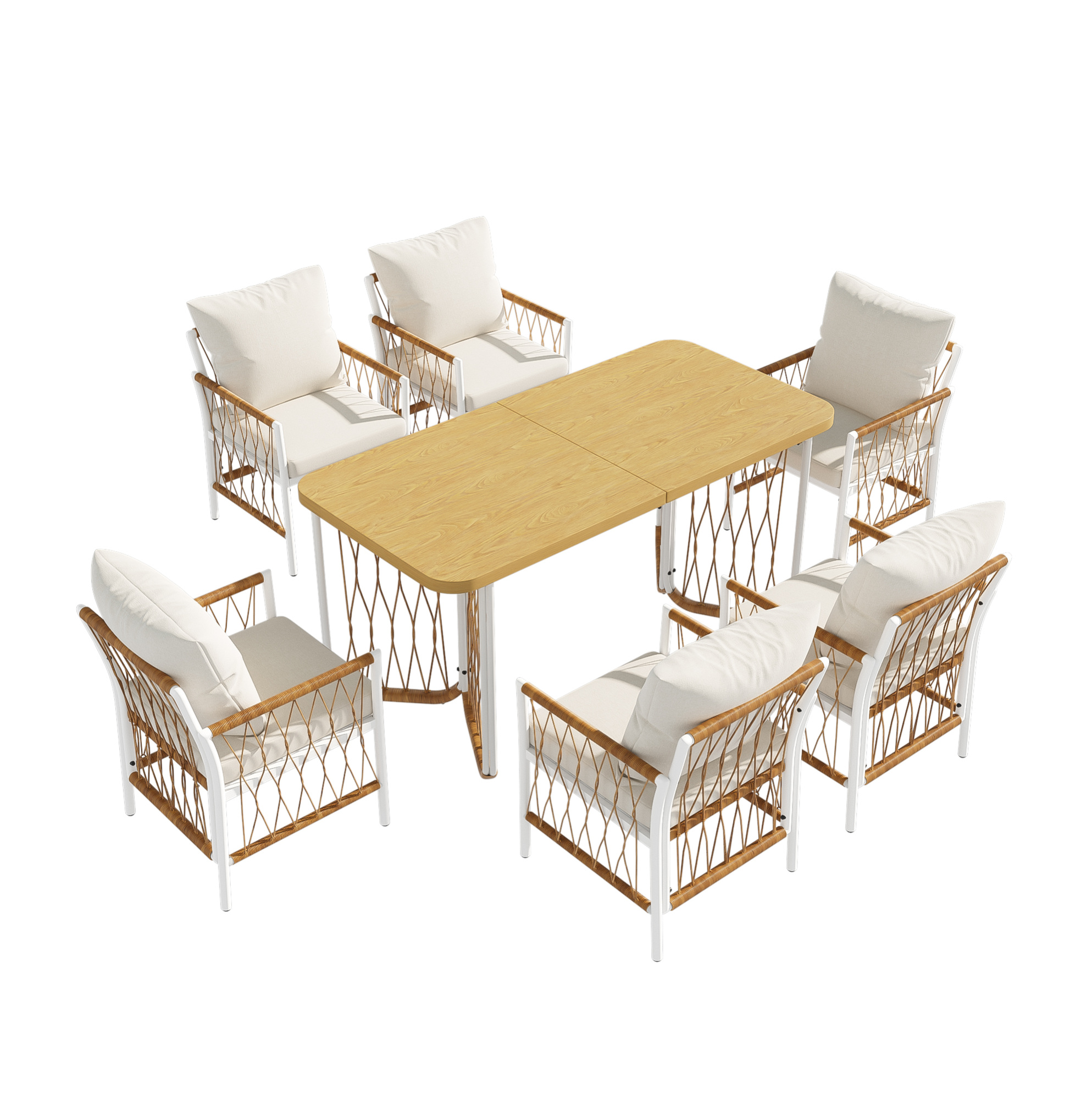 Garten-esstischset 1 Tisch Und 6 Stühle Aus Eisen Mit Beigen Kissen Und Tischplatte In Holzoptik