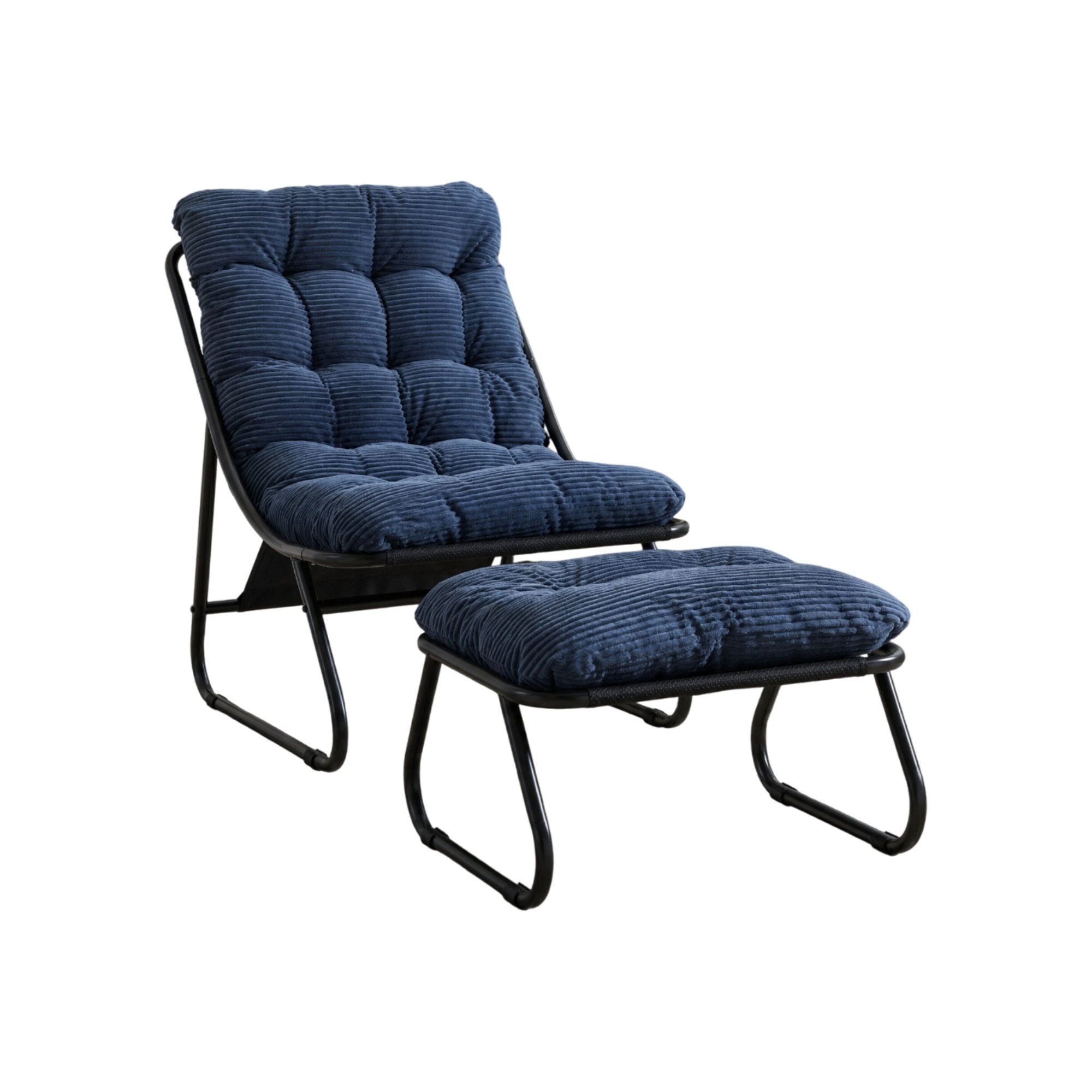 Outdoor-lounge-sessel Mit Fußstütze, Schwarzem Stahlgestell Und Marineblauem Kissen
